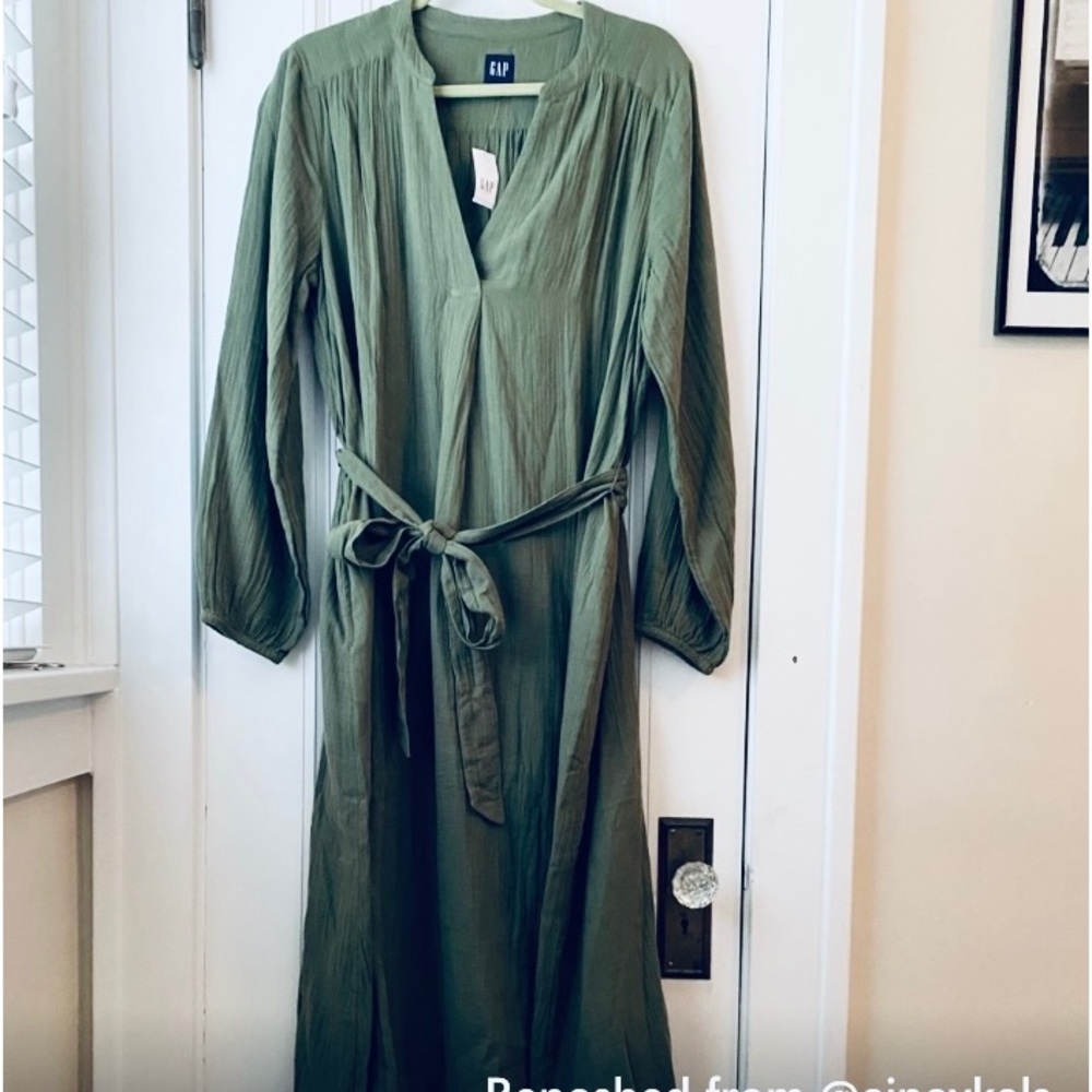 Gap army green blousey tie waist maxi dress L NWT